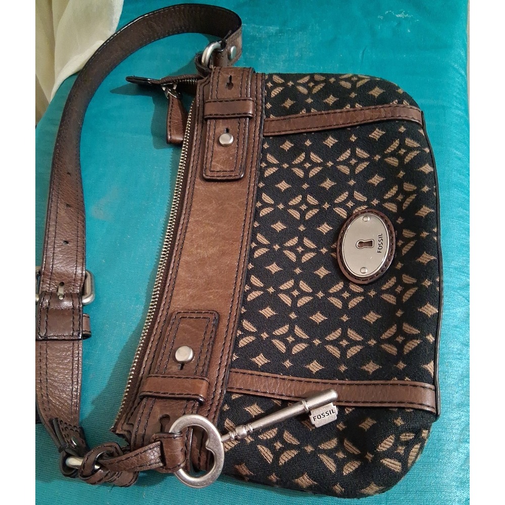 Fossil Crossbody Purse Bag Vintage Monogram Canvas Y2K Brown Maddox Key Charm